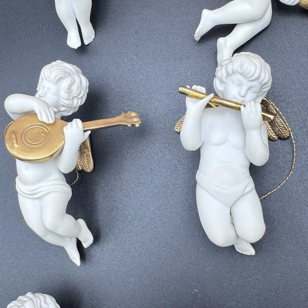 Franklin Mint Heralding Angels Set of 12 24kt Gold & Porcelain Ornaments + Case